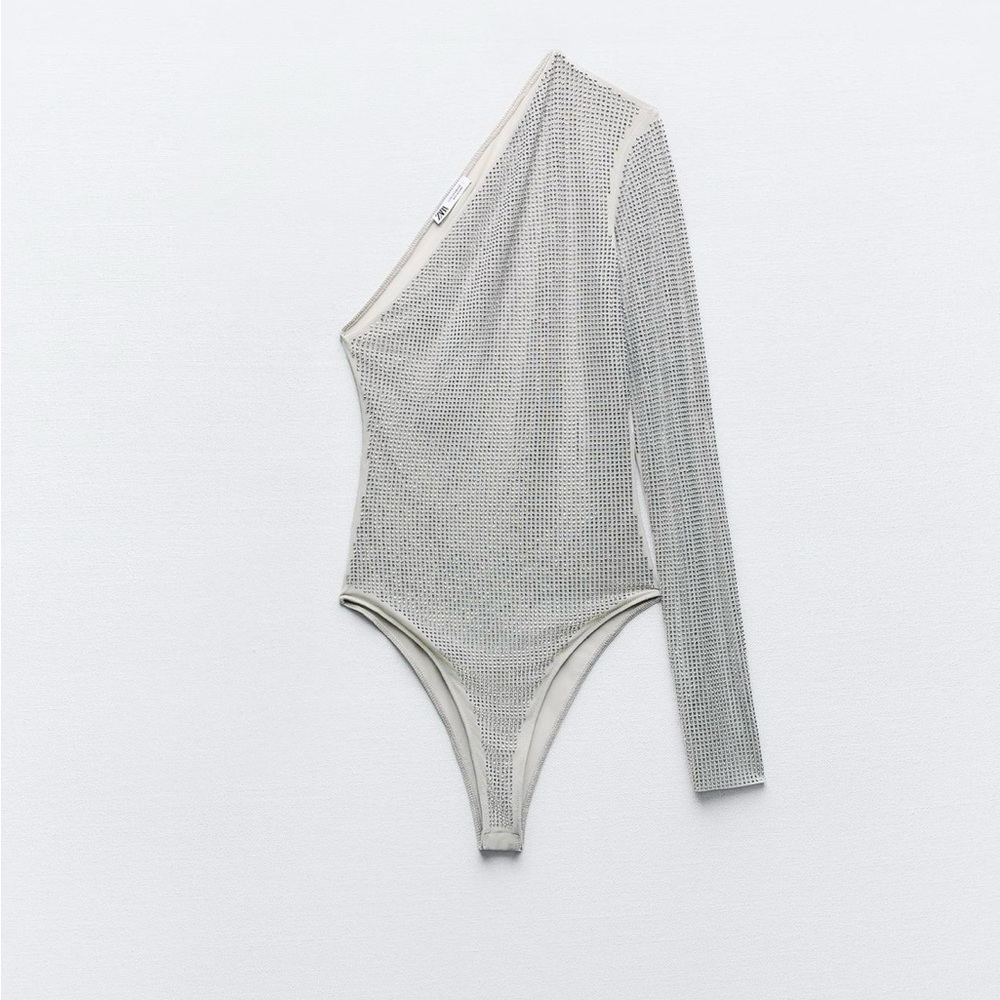 Zara NWT Asymmetric Silver Tulle Bodysuit